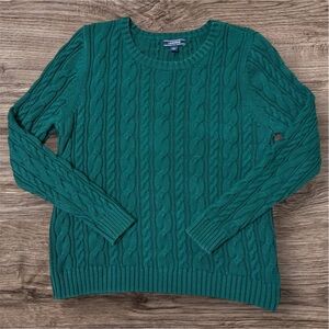 Lands' End Forest Green Cotton Cable Knit Crew Neck Sweater/size L